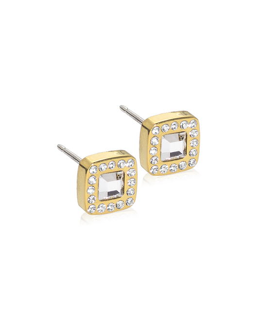 Gold Titanium Brilliance Cushion Crystal Earrings 8 mm