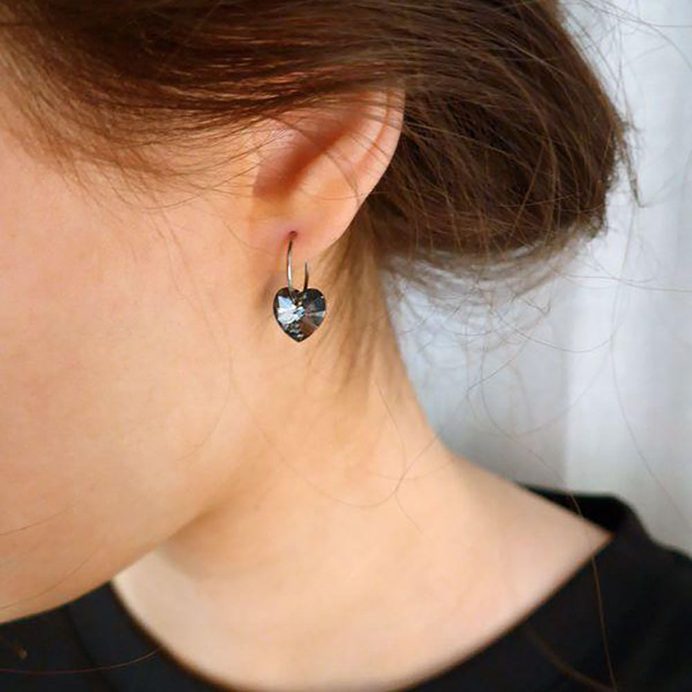 heart black diamond earrings - natural titanium post jewelry - earrings for women, kids and girls - model