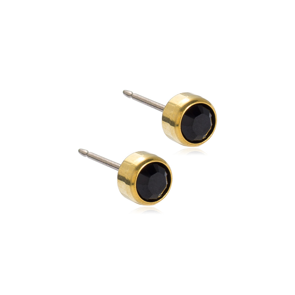 Blomdahl Singapore gold titanium nickel-free bezel swarovski black crystal earring, gemstone earring, hypoallergenic stud earrings and earrings for sensitive skin singapore