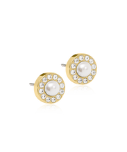 Load image into Gallery viewer, Gold Titanium Brilliance Halo Pearl Earrings 8mm
