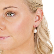 Load image into Gallery viewer, Woman wearing Natural Titanium Pendant White Pearl Earrings - natural titanium post jewelry - earrings for women, kids and girls 
