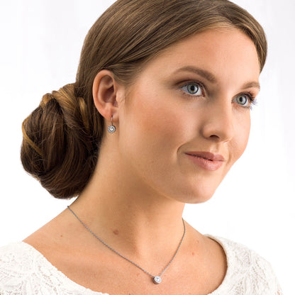 Woman wearing Silver Brilliance Halo Crystal Jewellery set