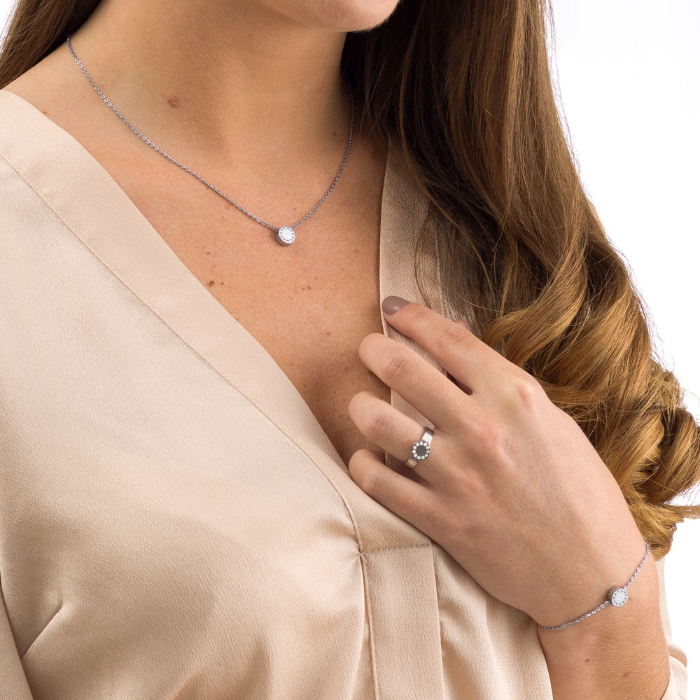 Woman wearing Silver Brilliance Puck Crystal Jewellery set